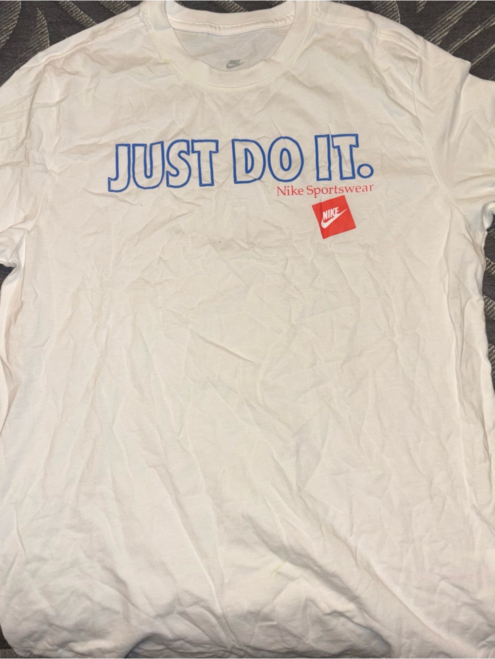 Nike White Short Sleeve Tee with Blue "JUST DO IT." and Red Logo